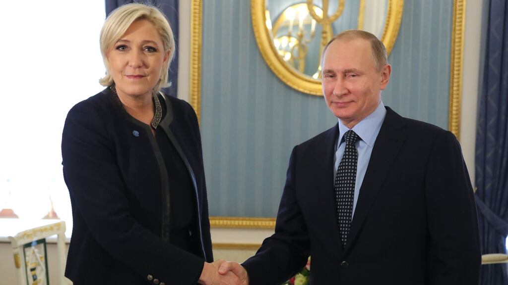 Russian president Vladimir Putin with French presidential election candidate and  Front National party leader Marine Le Pen at the Kremlin in Moscow on Friday. Photograph: Mikhail Klimentyev/AFP/Getty Images