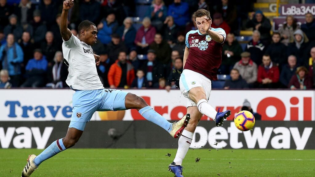 Chris Wood of Burnley scores his team’s first goal in their win West Ham United at Turf Moor. Photo: Jan Kruger/Getty Images
