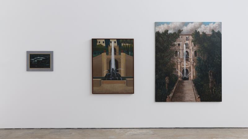 Stephen McKenna’s Villa d’Este Fountain, 2013 (centre) and The Villa d’Este, 1982 (right). Photograph: Courtesy of the McKenna Estate