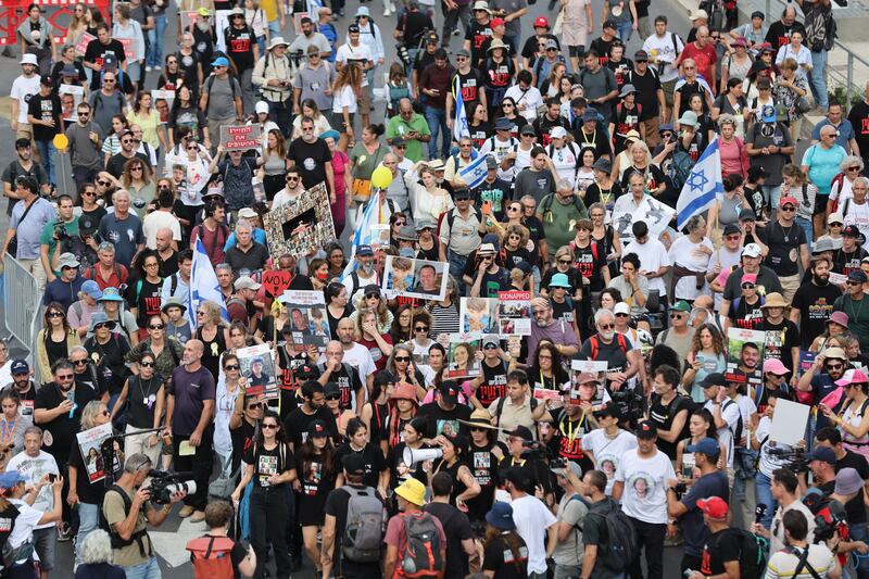 Families of Israeli hostages held by Hamas in Gaza take part in a rally in Tel Aviv. Photograph: Abir Sultan/EPA