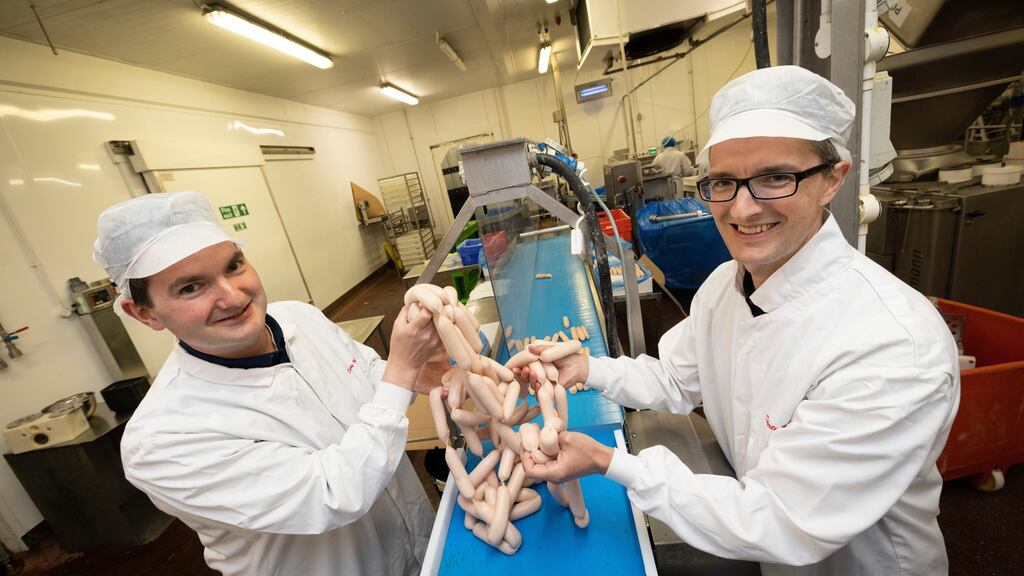 James Doherty, right, and his brother Matt on the factory floor of Doherty’s Meats in Pennyburn Industrial Estate in Derry. Photograph: Joe Dunne