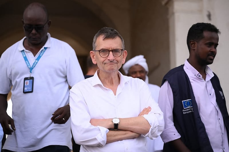 Volker Perthes, centre, the UN envoy to Sudan, oversees the evacuation of internationally recruited personnel in Port Sudan. Photograph: AFP via Getty