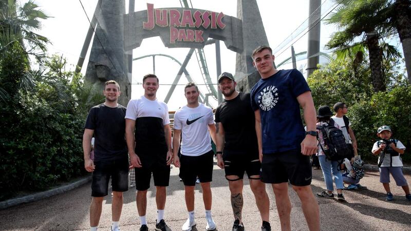Jack Carty, Jacob Stockdale, Jordan Larmour, Andrew Porter and Garry Ringrose outside the Jurassic Park attraction at Universal Studios in Osaka on a day off on Monday. Photograph: Dan Sheridan/Inpho