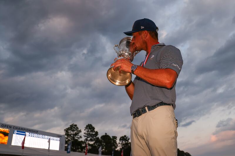 Bryson DeChambeau of the United States poses with the trophy after winning the US Open at Pinehurst. Photograph: Gregory Shamus/Getty