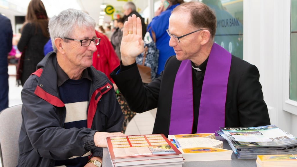 Bishop of Killaloe Fintan Monahan speaks to Des McDonald during Mercy on the Mall at Skycourt Shopping Centre in Shannon, Co Clare. Photograph: Liam Burke/Press 22