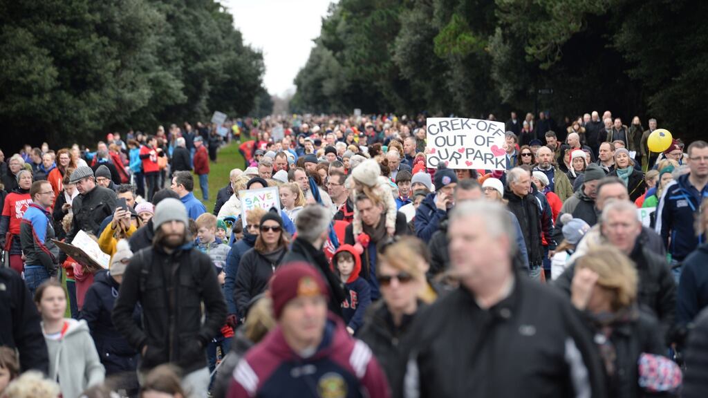 Residents protesting in January over a plan to build more than 500 housing units on playing pitches next to St Anne’s Park in Raheny, Dublin. File photograph: Dara Mac Donaill/The Irish Times.