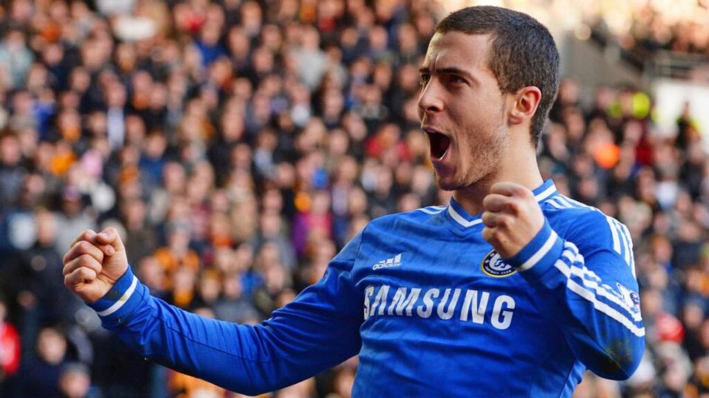 Chelsea’s Eden Hazard celebrates scoring his goal against Hull City. Photograph: Nigel Roddis/Reuters