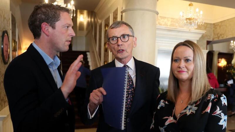 Dr Gabriel Scally (centre) with Stephen Teap, whose wife died before she was told that her smear test had been wrongly interpreted, and Lorraine Walsh, who received an incorrect smear test. Photograph: Brian Lawless/PA Wire