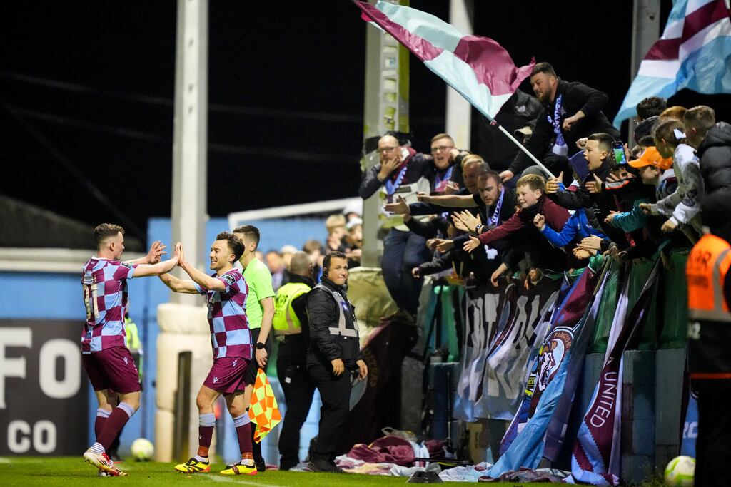 Drogheda’s Darragh Markey celebrates scoring their second goal with Kieran Cruise. Photograph: James Lawlor/Inpho