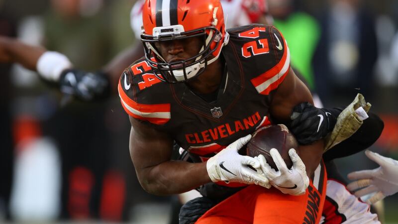 The Cleveland Browns’ Nick Chubb runs the ball against the Atlanta Falcons. Photograph: Gregory Shamus/Getty