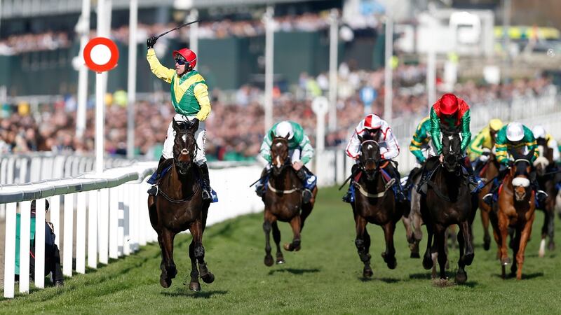 Robbie Power celebrates after winning the Coral Cup on Jessica Harrington’s Supasundae at Cheltenham. Photograph: Matthew Childs/Action Images via Reuters/Livepic