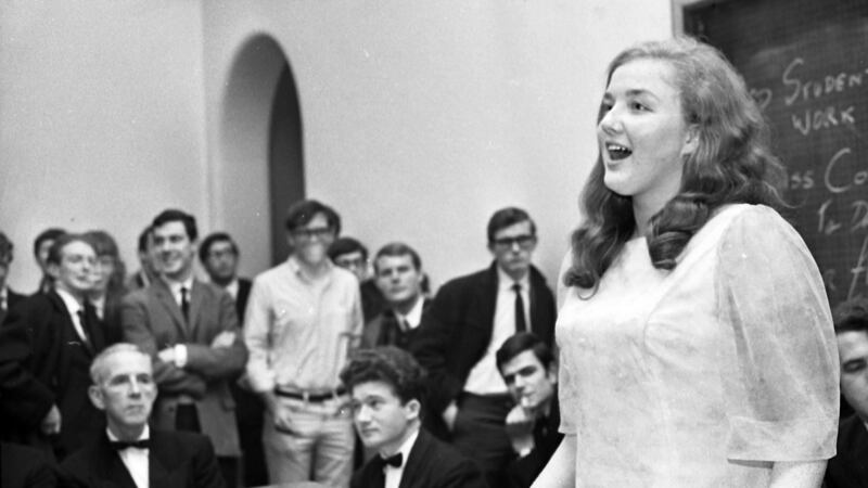 Marion Finucane talking part in a semi-final of The Irish Times Debating Competition in 1971. File Photograph: Tommy Collins