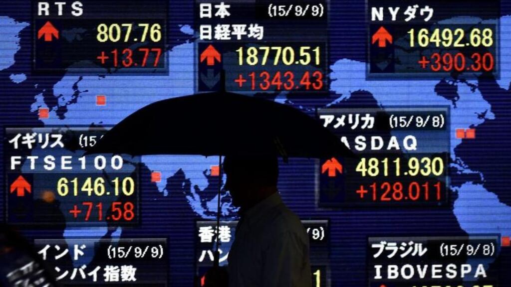 Japan’s benchmark Nikkei 225 Stock Average surged 7.7 per cent, gaining more than 1,300 points, as sentiment was bolstered by rallies on Wall Street and optimism on China economy. Photograph: . Franck Robichon/EPA