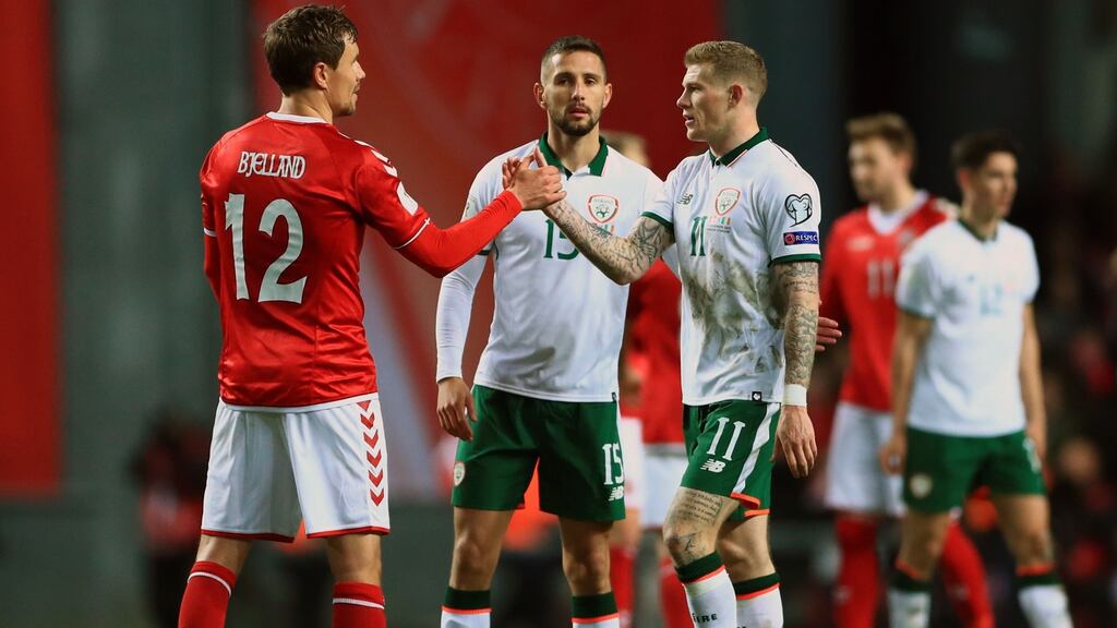 See you soon? Republic of Ireland’s James McClean and Denmark’s Andreas Bjelland during the World Cup qualifying play-off. Photograph: Tim Goode/PA