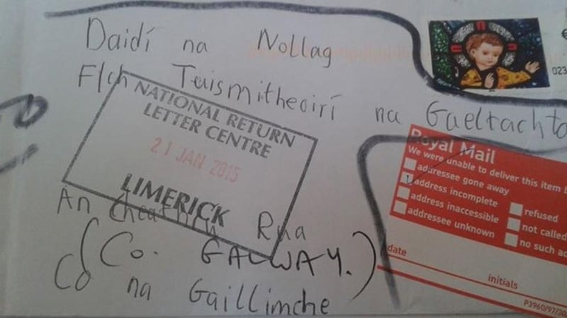 The Santa letter sent from a young boy in Dublin which went missing for over a month. The letter was addressed in Irish to the parents’ organisation Tuismitheoirí na Gaeltachta, but ended up in a Royal Mail sorting office in the UK. Photograph: Tuismitheoirí na Gaeltachta