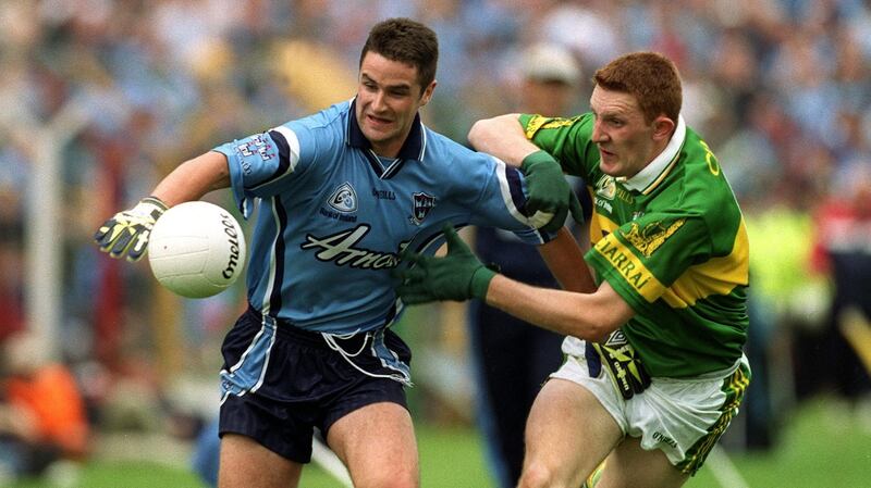 Dublin’s Enda Sheehy tussles with Kerry’s Noel Kennelly during the All-Ireland quarter-final replay in 2001. Photograph: Lorraine O’Sullivan/Inpho