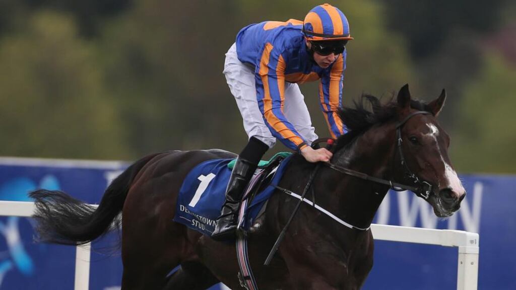 Battle of Marengo ridden by Joseph O’Brien wins The Derrinstown Stud Derby Trial Stakes at Leopardstown. Photograph: Niall Carson/PA