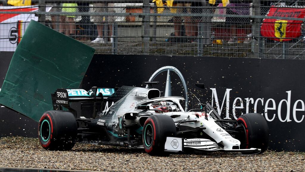 Lewis Hamilton crashes his Mercedes during the   Grand Prix of Germany at Hockenheimring  in Hockenheim, Germany. Photograph: Mark Thompson/Getty Images