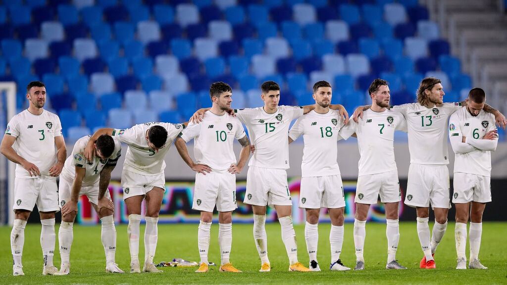 Ireland players watch the penalty shootout during the Euro 2020 playoff semi-final loss to Slovakia. Photo: Tommy Dickson/Inpho