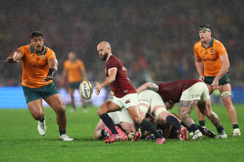 Jamison Gibson‑Park of the British and Irish Lions kicks the ball against Australia. Photograph: Matt King/Getty
