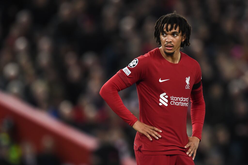 Trent Alexander-Arnold of Liverpool reacts during the game against Rangers in the Champions League