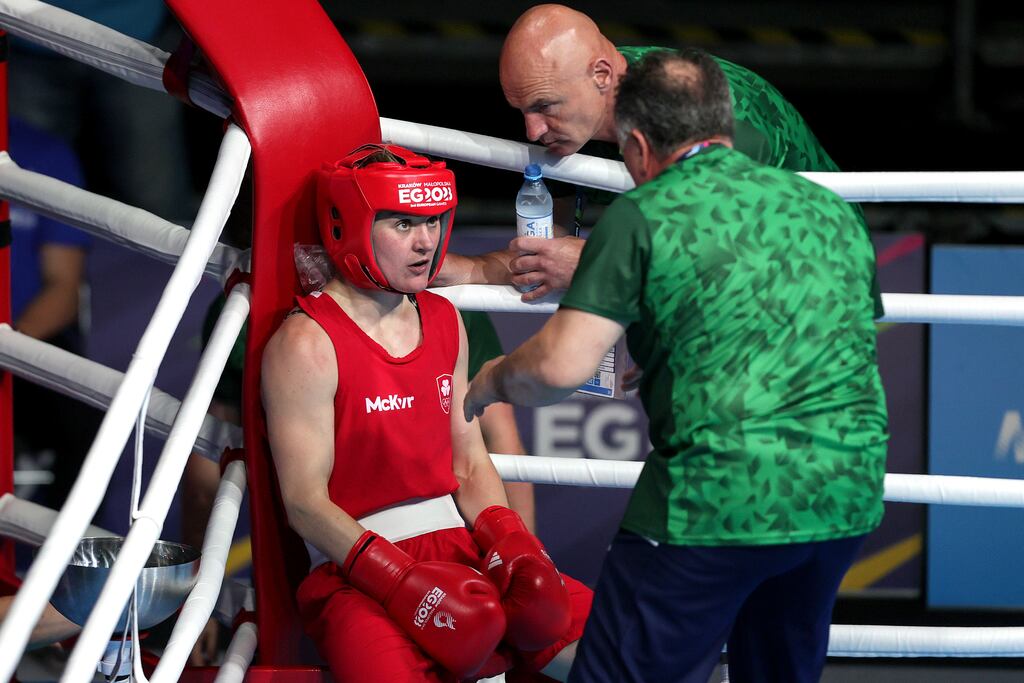 Kellie Harrington photographed during an earlier bout at the European Games in Poland. Kellington advanced to the last eight of the lightweight competition on Monday. Photograph: Laszlo Geczo/Inpho
