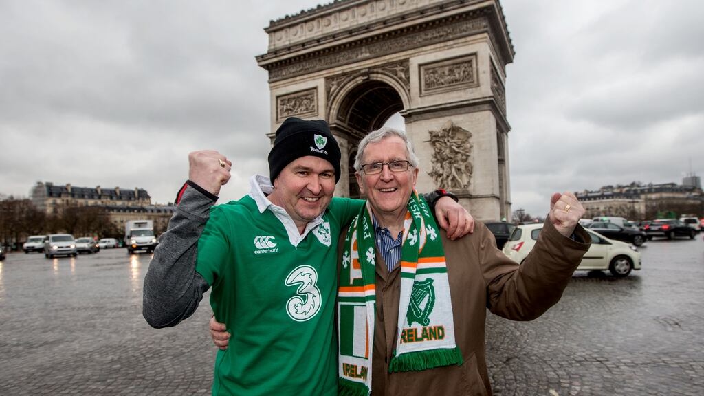 Fergal Duffy from Navan, Co Meath with his father Jim Duffy, Rathfarnham, Dublin, at the Arc de Triomphe ahead of Ireland’s clash with France. Photograph: James Crombie/Inpho