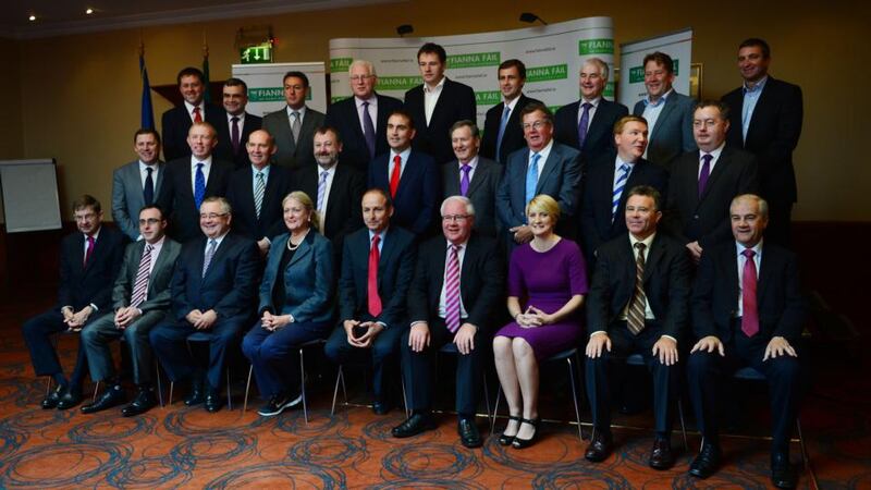 Members of the Fianna Fáil Parlimentary party post for for a “family photo” on the final day of the two-day Fianna Fáil think- in at the Tower Hotel Waterford. Photograph: Bryan O’Brien / THE IRISH TIMES.