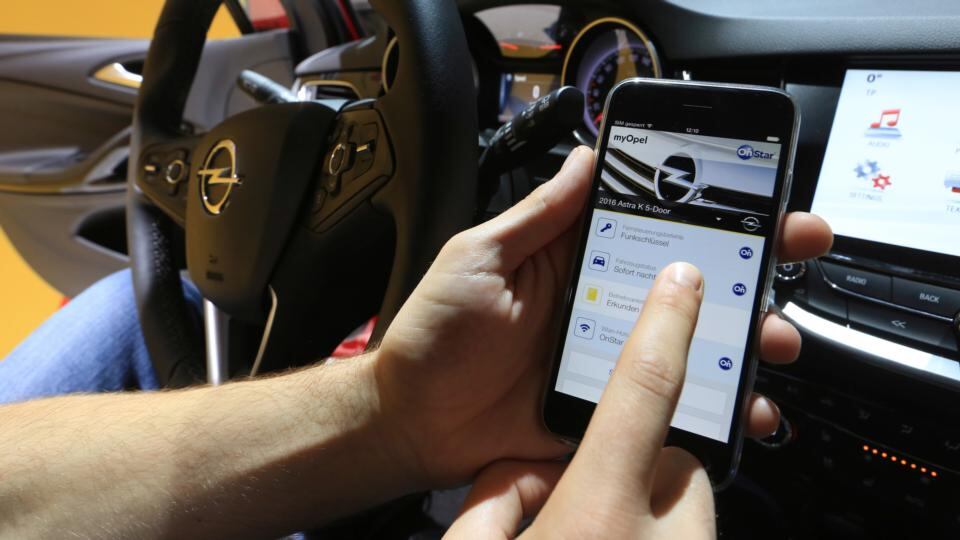 OnStar smartphone app, Adam Opel AG’s in-car connected technology, inside an Opel Astra at the Frankfurt Motor Show in Frankfurt. Photograph: Krisztian Bocsi/Bloomberg