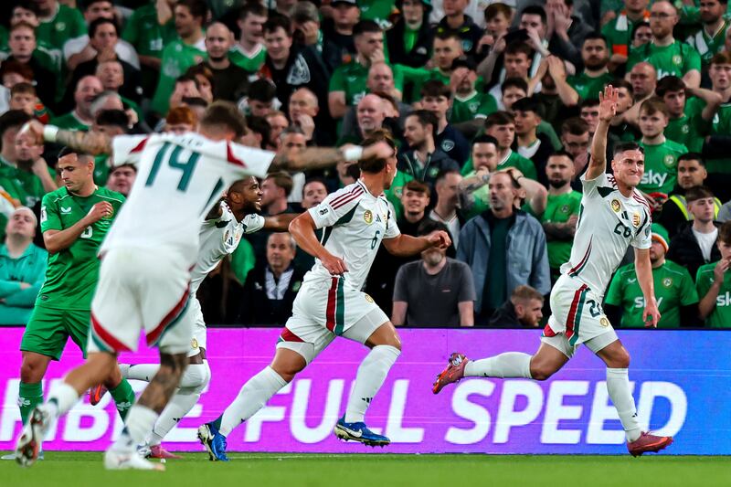 Roland Sallai celebrates scoring Hungary's second goal. Photograph: Ryan Byrne/Inpho