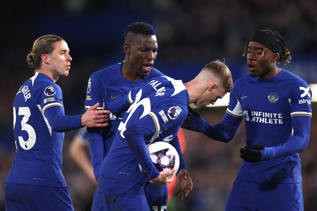 Cole Palmer, Nicolas Jackson and Noni Madueke argue over a penalty as Conor Gallagher looks on during their 6-0 win over Everton at Stamford Bridge on Monday. Photograph: Alex Pantling/Getty Images