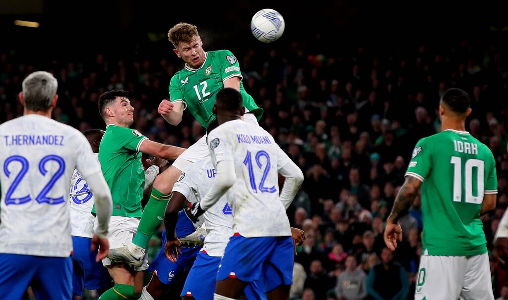 Ireland’s Nathan Collins attempts a header in the closing stages on Monday night. Photograph: Ryan Byrne/Inpho