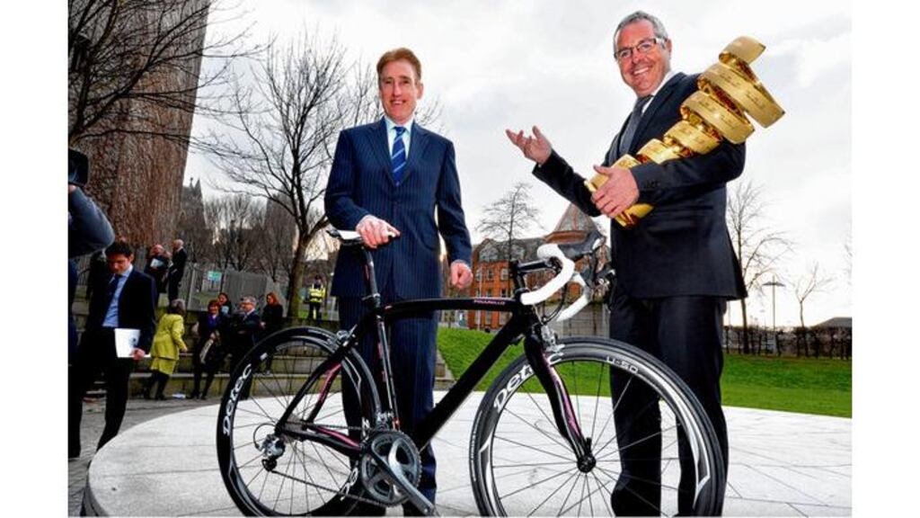 Seán Kelly and Stephen Roche at the announcement of the Giro d'Italia coming to Ireland in 2014. photograph: dara mac dónaill