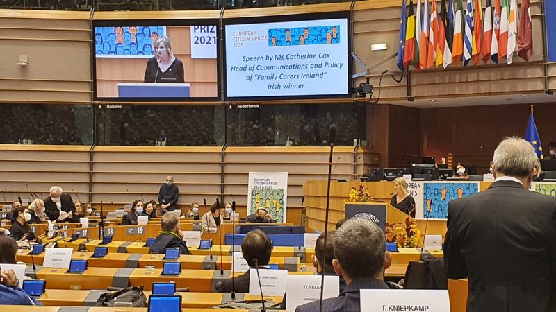 Catherine Cox receives the European Citizen’s Prize for 2020, at the European Parliament in Brussels, on behalf of Family Carers Ireland