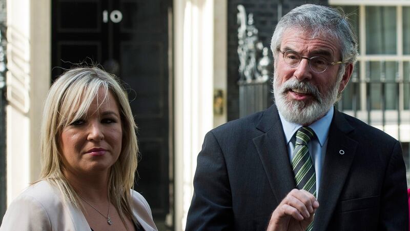 Sinn Féin president Gerry Adams and the the party’s leader in Northern Ireland Michelle O’Neill address the media following a meeting with Theresa May at 10 Downing Street. Photograph: EPA/Will Oliver