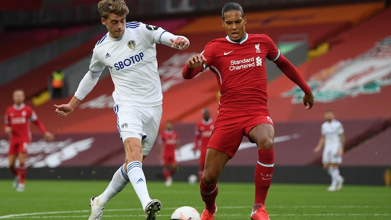 Patrick Bamford makes it 2-2 at Anfield. Photograph: Shaun Botterill/Getty/AFP