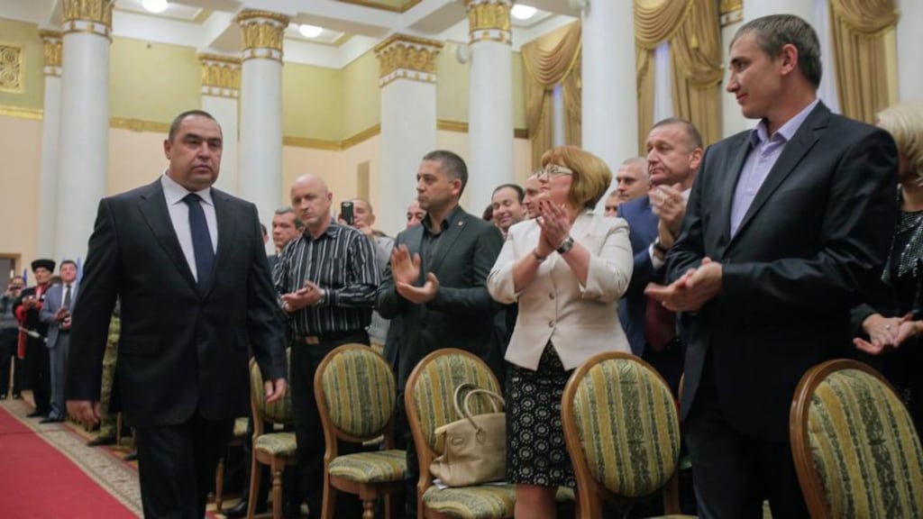 Igor Plotnitsky arriving for his inauguration as head of the self-proclaimed Luhansk People’s Republic in Luhansk, Ukraine, on Tuesday. The Ukrainian government in Kiev, the EU and the United States have all called declared as illegal the elections last weekend in rebel-held regions of eastern Ukraine. Photograph: Yuriy Streltsov/ EPA