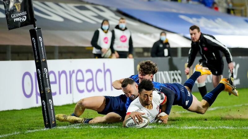 Robert Baloucoune dives to score for Ulster against Leinster. Photograph: James Crombie/Inpho