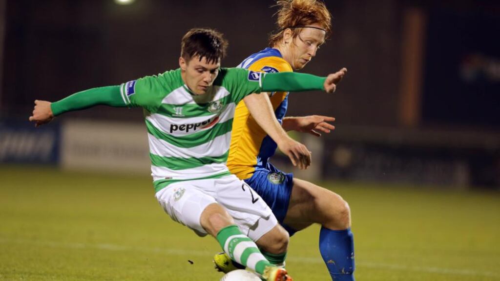 Shamrock Rovers’ Brandon Miele with Hugh Douglas of Bray Wanderers. Photograph: INPHO/Morgan Treacy