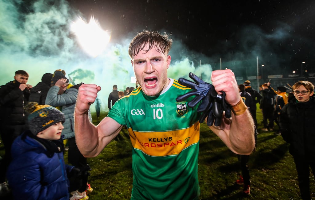 Glen’s Ethan Doherty celebrates after his side's Ulster club SFC final win over Scotstown. Photograph: Ryan Byrne/Inpho