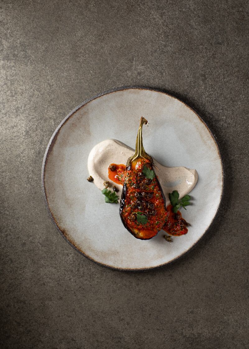 Aubergine, black sesame yogurt, zhoug and fried capers at Paradiso, home of heavenly plant-based food for 30 years. Photograph: Ruth Calder-Potts