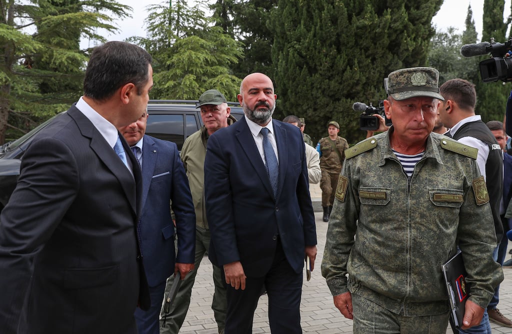Davit Melkumyan, deputy of the Nagorno-Karabak national assembly, arrives for talks with Azerbaijani officials. Photograph Roman Ismayilov/EPA