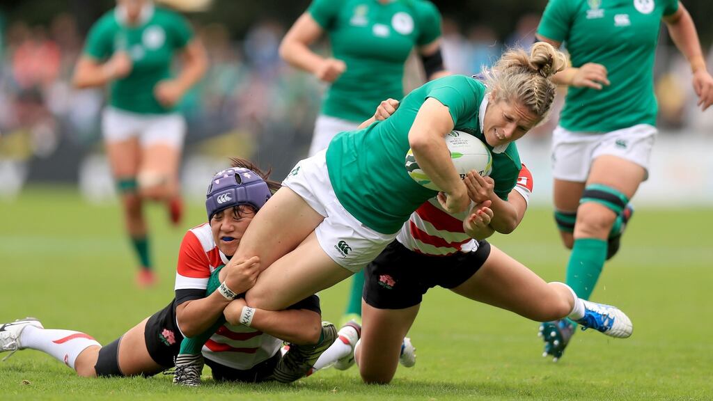Ireland’s Alison Miller in action against Japan in the 2017 Women’s Rugby World Cup  at the UCD Bowl, Dublin. Photograph: Donall Farmer/PA Wire