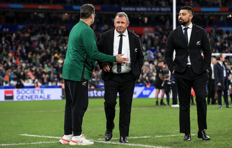 South Africa director of rugby Rassie Erasmus with New Zealand head coach Ian Foster after the game. Photograph: Dan Sheridan/Inpho