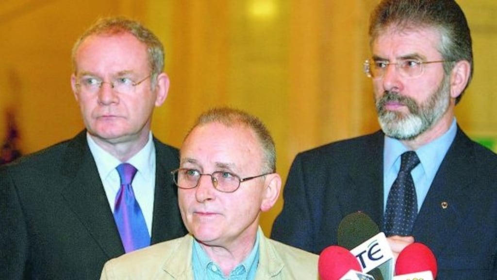 Sinn Féin’s Martin McGuinness, Denis Donaldson and Gerry Adams in Stormont in December 2005. File photograph: Paul Faith/PA