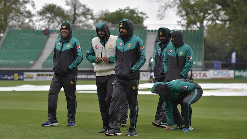 Members of the Pakistan side during the washed-out opening day at Malahide. Photograph: Charles McQuillan/Getty