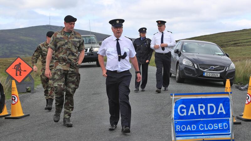 13/06/17 Supr. Pat Ward and senior Gardai and Defence Forces personnel on the Sally Gap in the Dublin/Wicklow Mountains where the search is continuing for body parts after a dismembered torso was discovered by walkers last Saturday evening...Picture Colin Keegan, Collins Dublin.