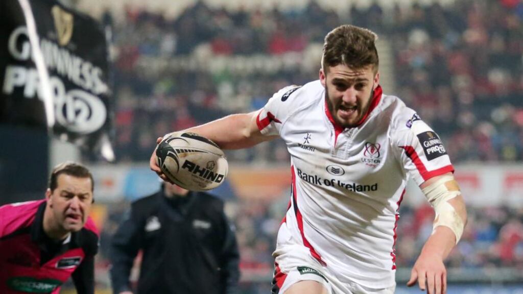 Ulster’s Stuart McCloskey scores a try against Benetton Treviso during the Pro12 game at Kingspan Stadium in February. Photograph: Darren kidd/Inpho.