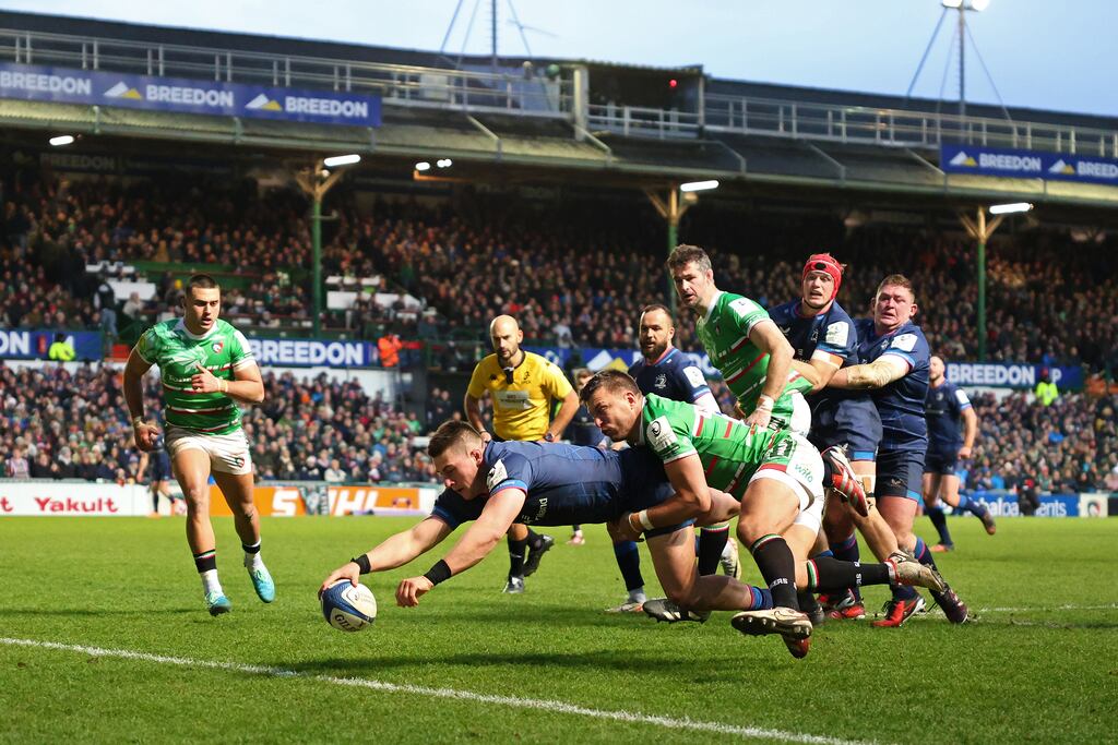 Dan Sheehan stretches to score a try for Leinster during the Investec Champions Cup match against Leicester Tigers at Welford Road. Photograph: Marc Atkins/Getty Images