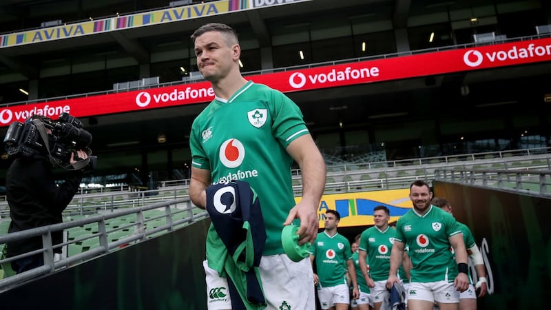 Johnny Sexton leads the Ireland side out for the captain’s run at the Aviva stadium on Friday ahead of the Six Nations opener against Scotland. Photograph: Dan Sheridan/Inpho